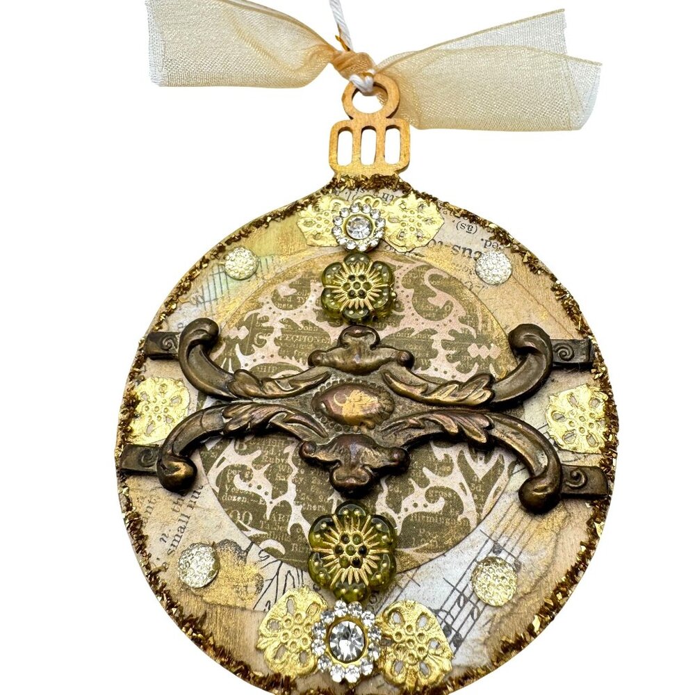 Handcrafted Ornament OOAK Collage Clear Crystal Gold Green Accents 3" Ribbon